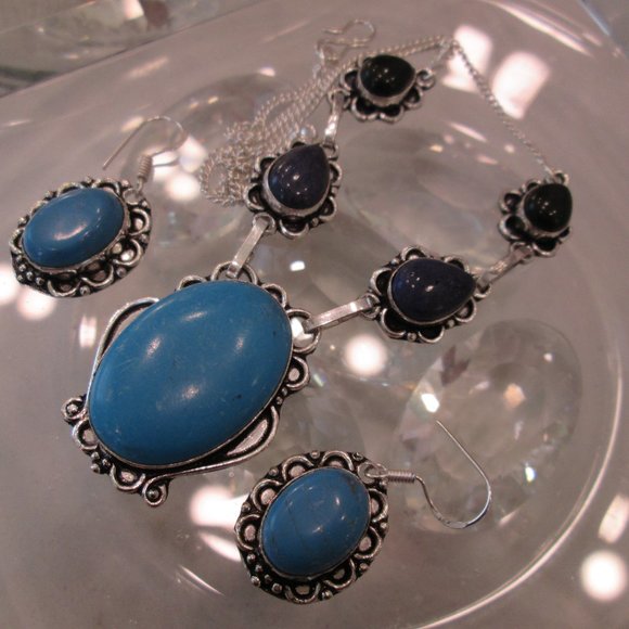 TURQUOISE NATURAL PERSIAN GEMSTONE LADIES  925 STERLING SILVER NECKLACE EARRING - Picture 9 of 9